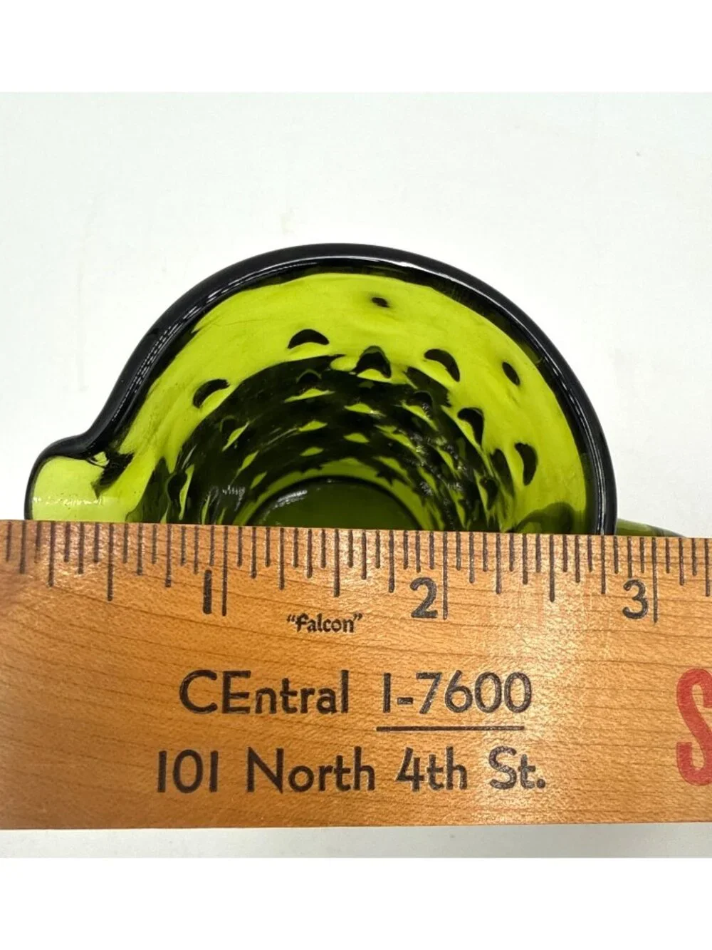 Vtg Handled Small Blown Art Glass Teardrop Pattern Avocado Green Pitcher/Creamer